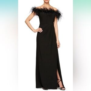 Alex Evenings Size 4 Off Shoulder Gown Slit Maribou Feathers Detail Neckline NWT